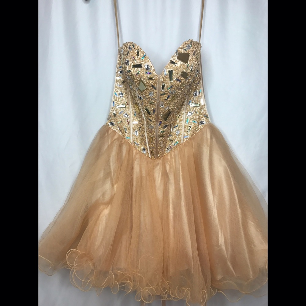 Strapless, corset back, rhinestone event dress