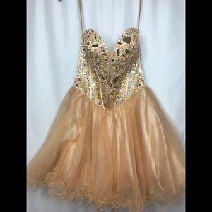 Strapless, corset back, rhinestone event dress