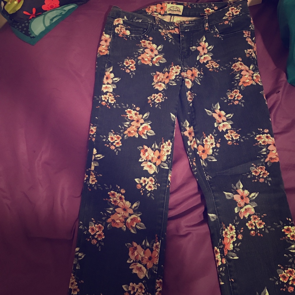 Blue jean floral pants