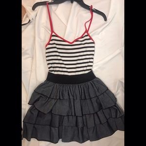 Casual striped top with blue jean bottom dress