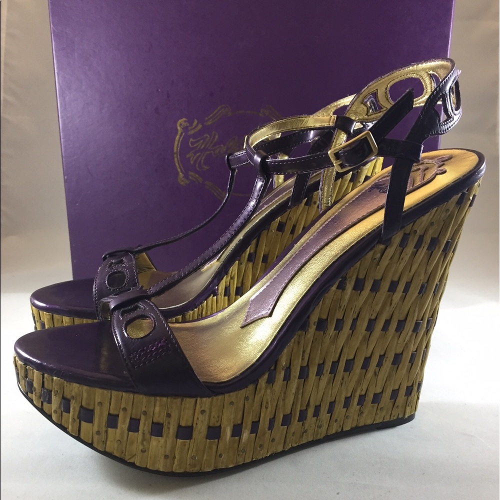 NIB Hale Bob Colby Leather Bamboo Wedge Sandals 8M
