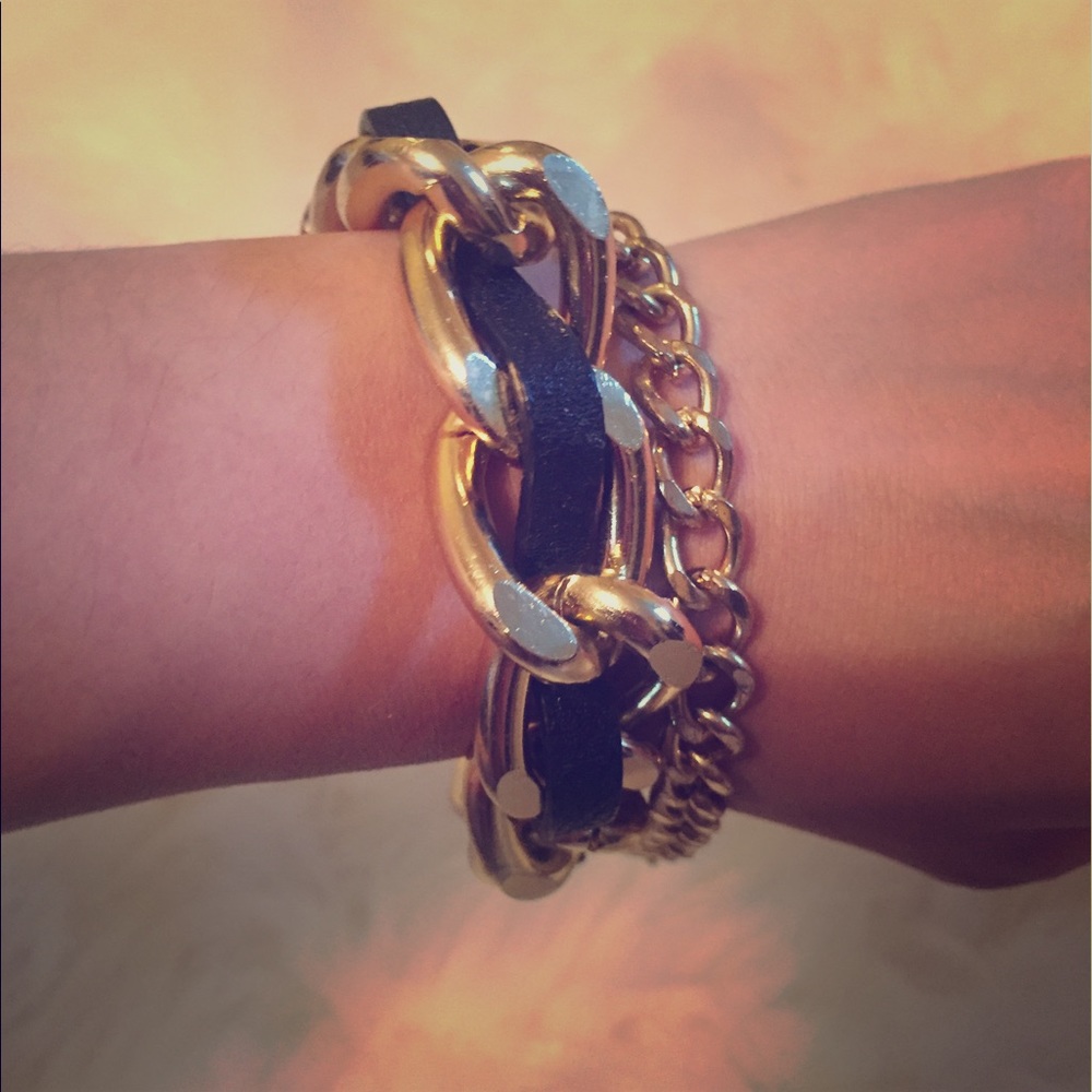 Faux Leather bracelet and gold chain intertwine