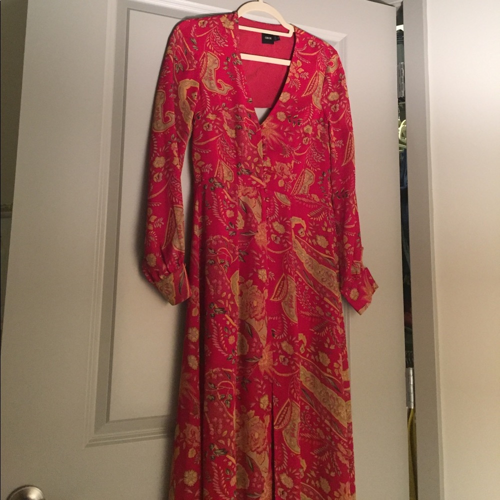 Long-Sleeve Red Paisley Maxi with Open Back