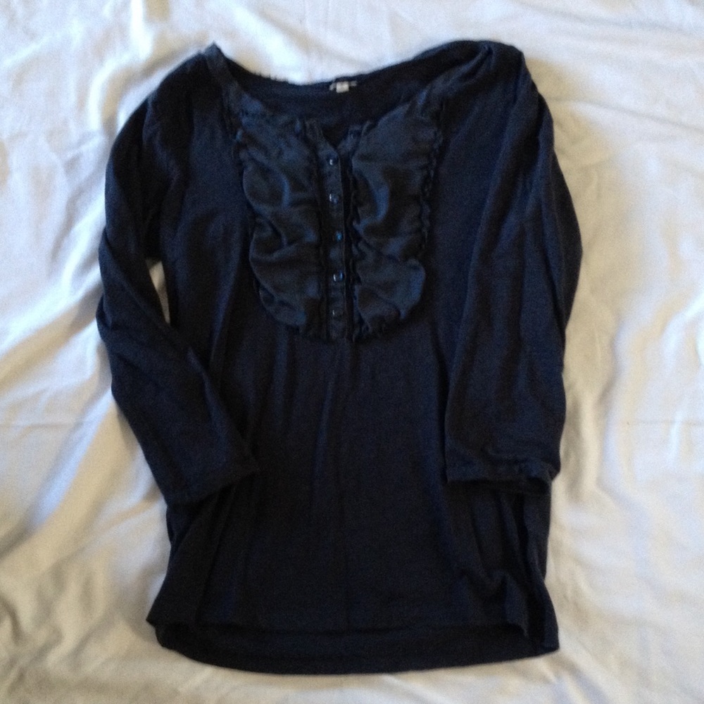 Navy blue ruffled front 3/4 shirt from J Crew