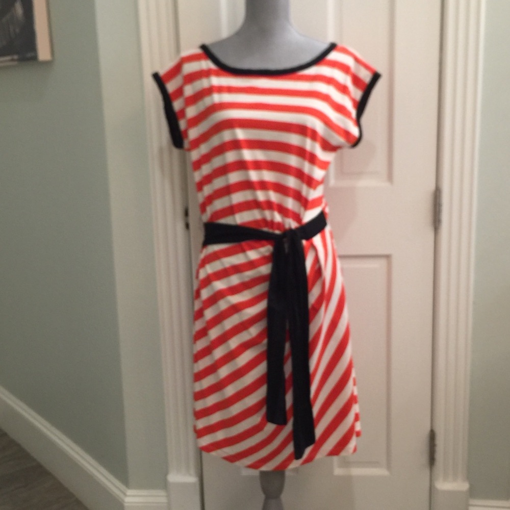 MANGO Orange/Red & White Stripe Dress W Navy Belt