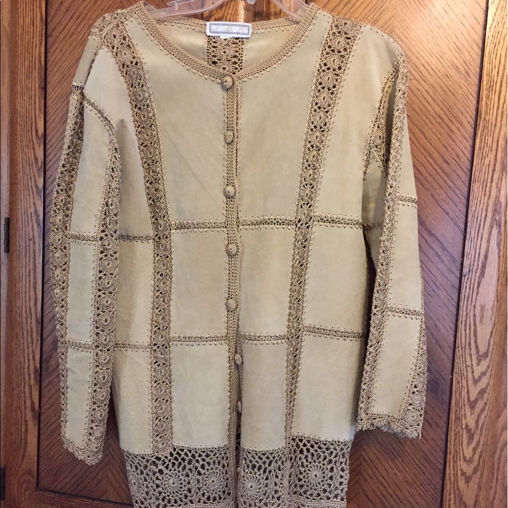 Jacket/Cardigan Tan Suede with Crocheted inserts