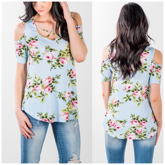 Bchic Tops - ‼️LAST 1‼️Floral Criss Cross Cold Shoulder Top