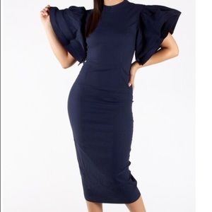 ✨Stunning Navy Blue Midi Dress w/ Ruffle Shoulder✨