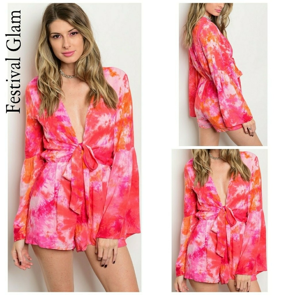 2X HP||🌟Sexy Plunge Tie Up Tie Dye Romper