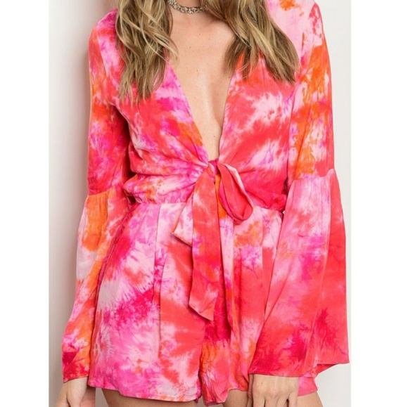 2X HP||🌟Sexy Plunge Tie Up Tie Dye Romper - Picture 5 of 5