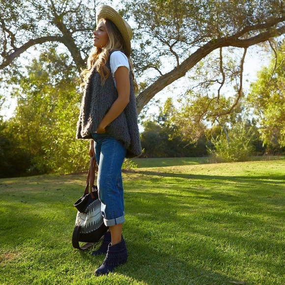 Tan Stitched Boho Fringe Poncho Booties - Picture 2 of 7