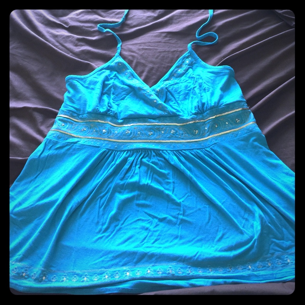 Teal halter top with gold sequin trim