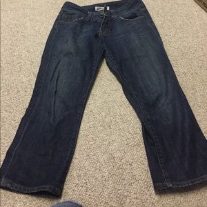 Red engine cropped jeans