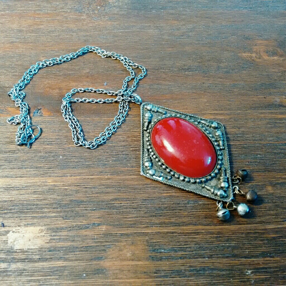 Antiqued Tribal Red and Silver Necklace