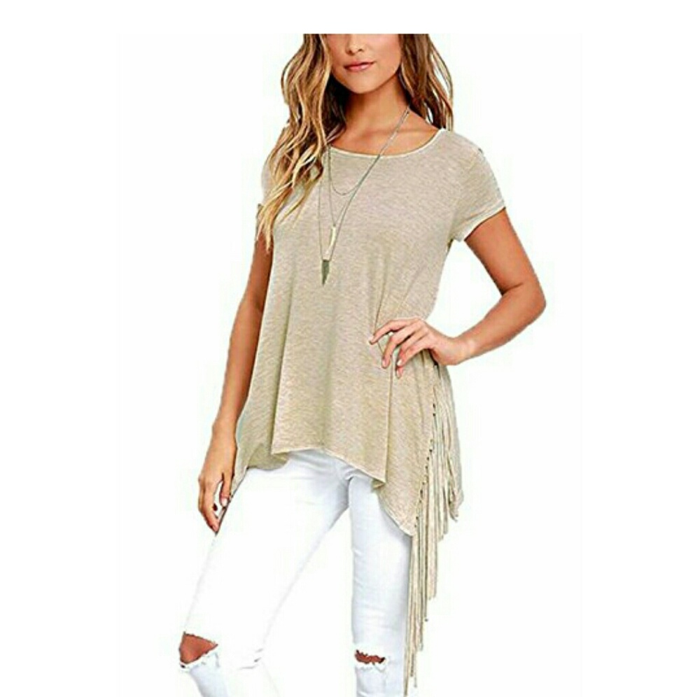 Khaki High Low open side Fringe Tee
