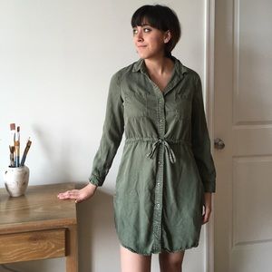 Army green button down dress with pockets