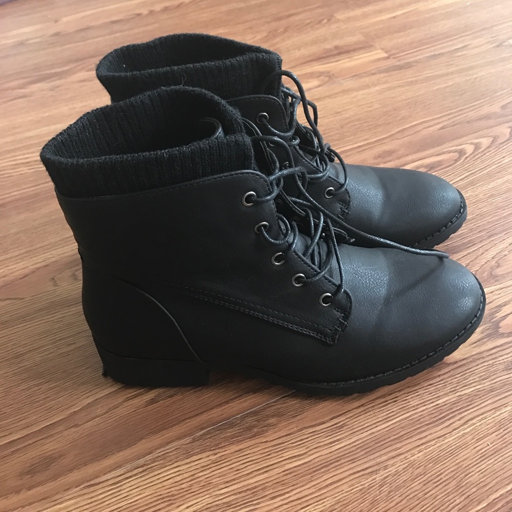 Black Military Style Boot with Faux Sock Detail