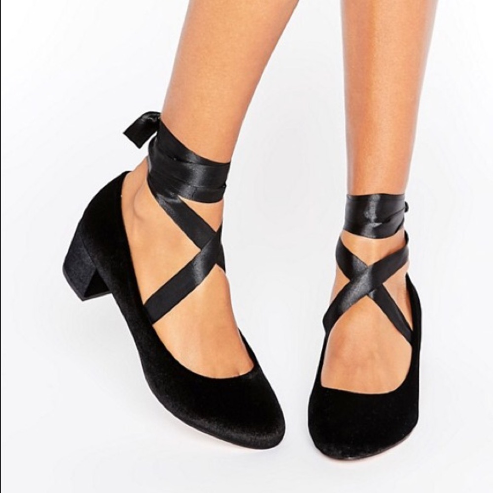 ASOS black velvet lace up block heels BNIB