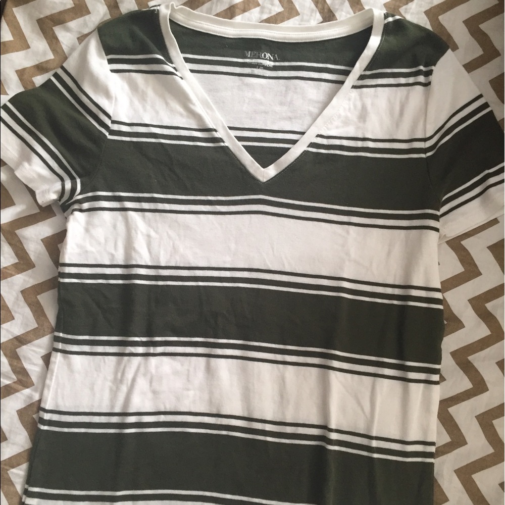 Olive green and white striped t-shirt