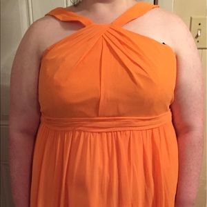 David's Bridal, v-shaped straps, tangerine dress