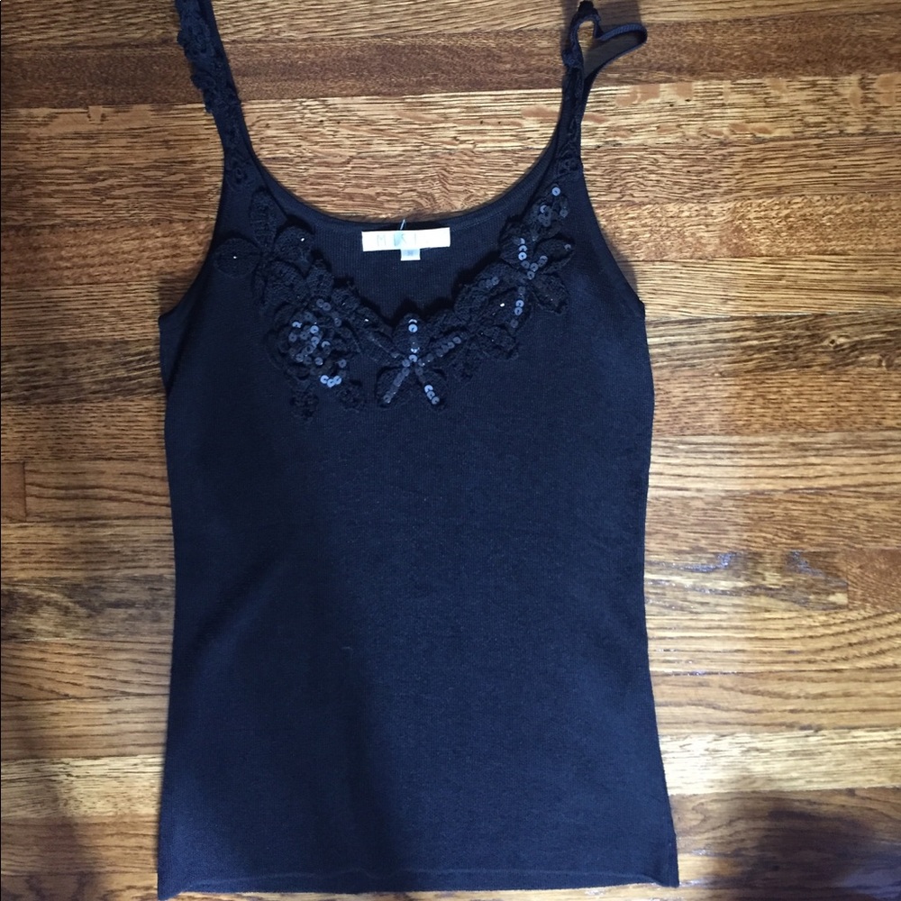 Italian black tank with crochet flower and sequins