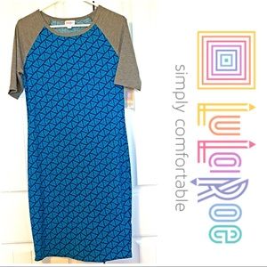 LuLaRoe Julia in geometric teal and navy pattern