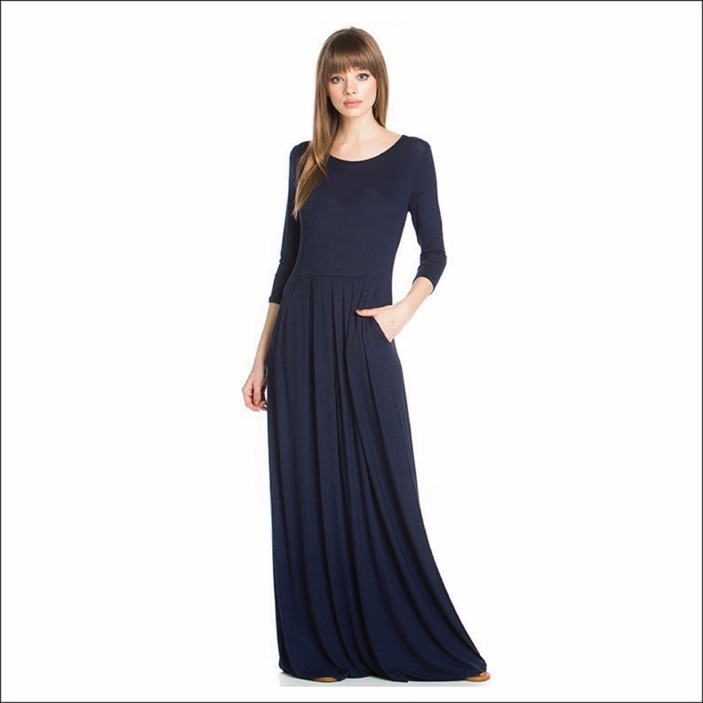 Navy Pleated Jersey Maxi Dress