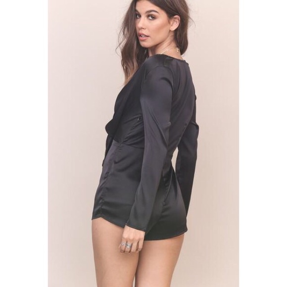 Black Satin Front Tie Long Sleeve Romper - Picture 4 of 4