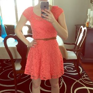 Coral summer dress with brown belt