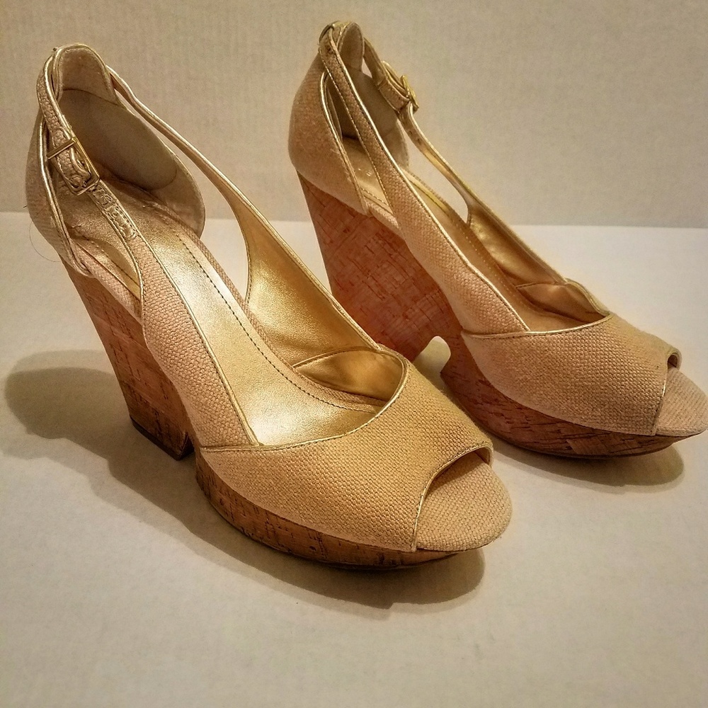 BCBGeneration cork cut-out peep toe wedges
