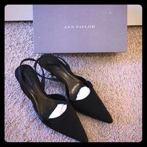 Ann Taylor black satin sling back kitten heels