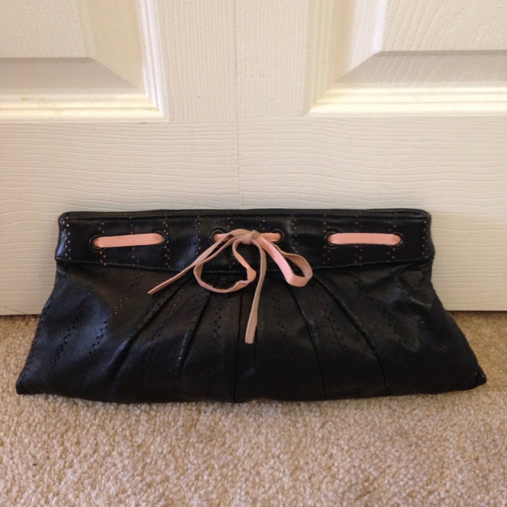 LAUREN MERKIN Black Leather Clutch with Pink Bow