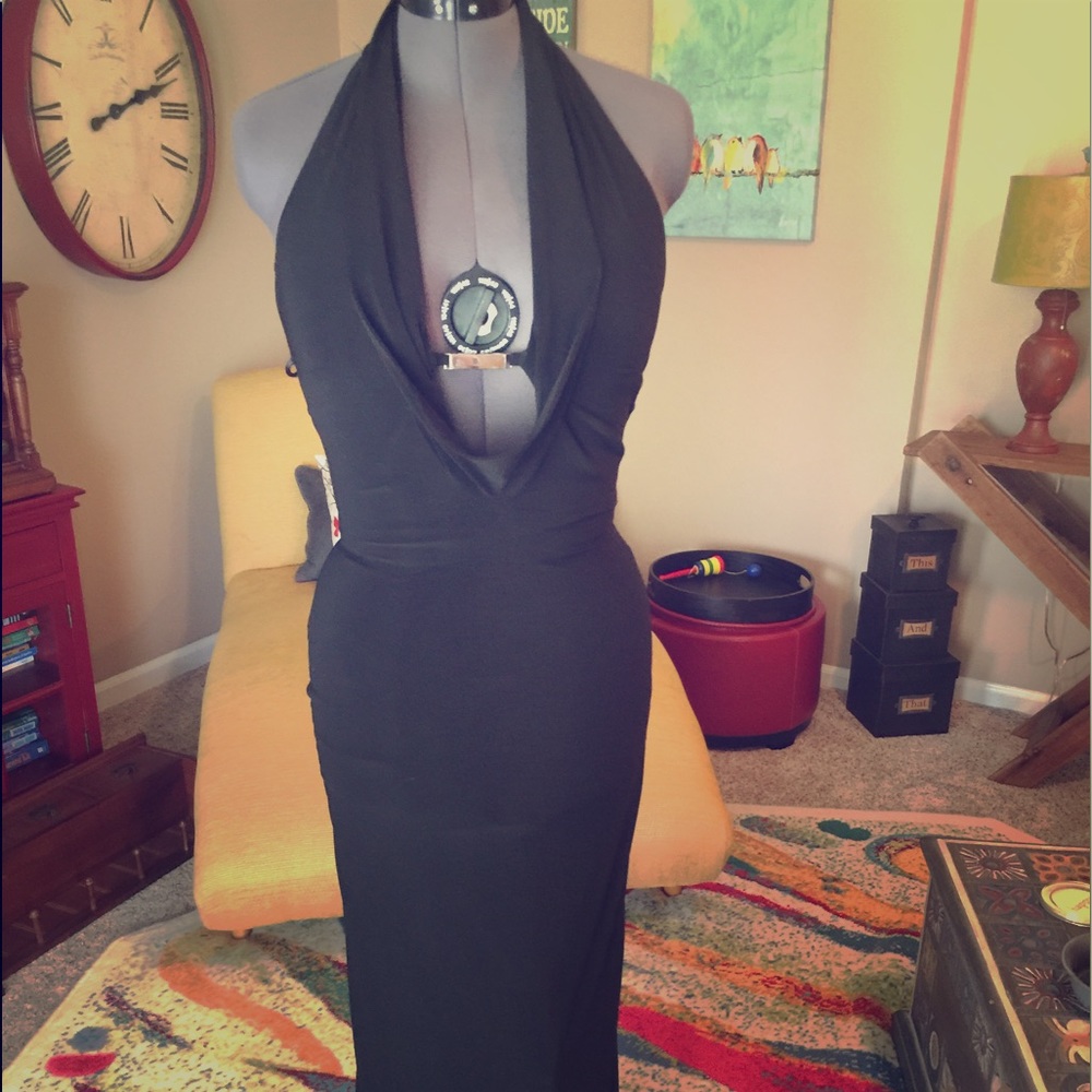 Long, black, evening gown with plunging neckline