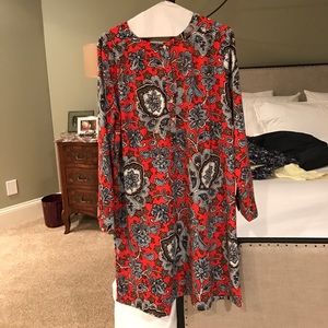 Red floral print dress.