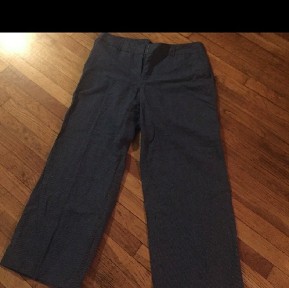 Navy blue, pinstripe, wide leg linen pants.