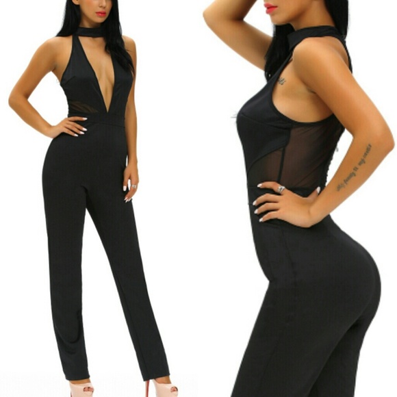 🚨 1 LEFT! Black Jumpsuit Mesh Choker Neckline - Picture 7 of 7
