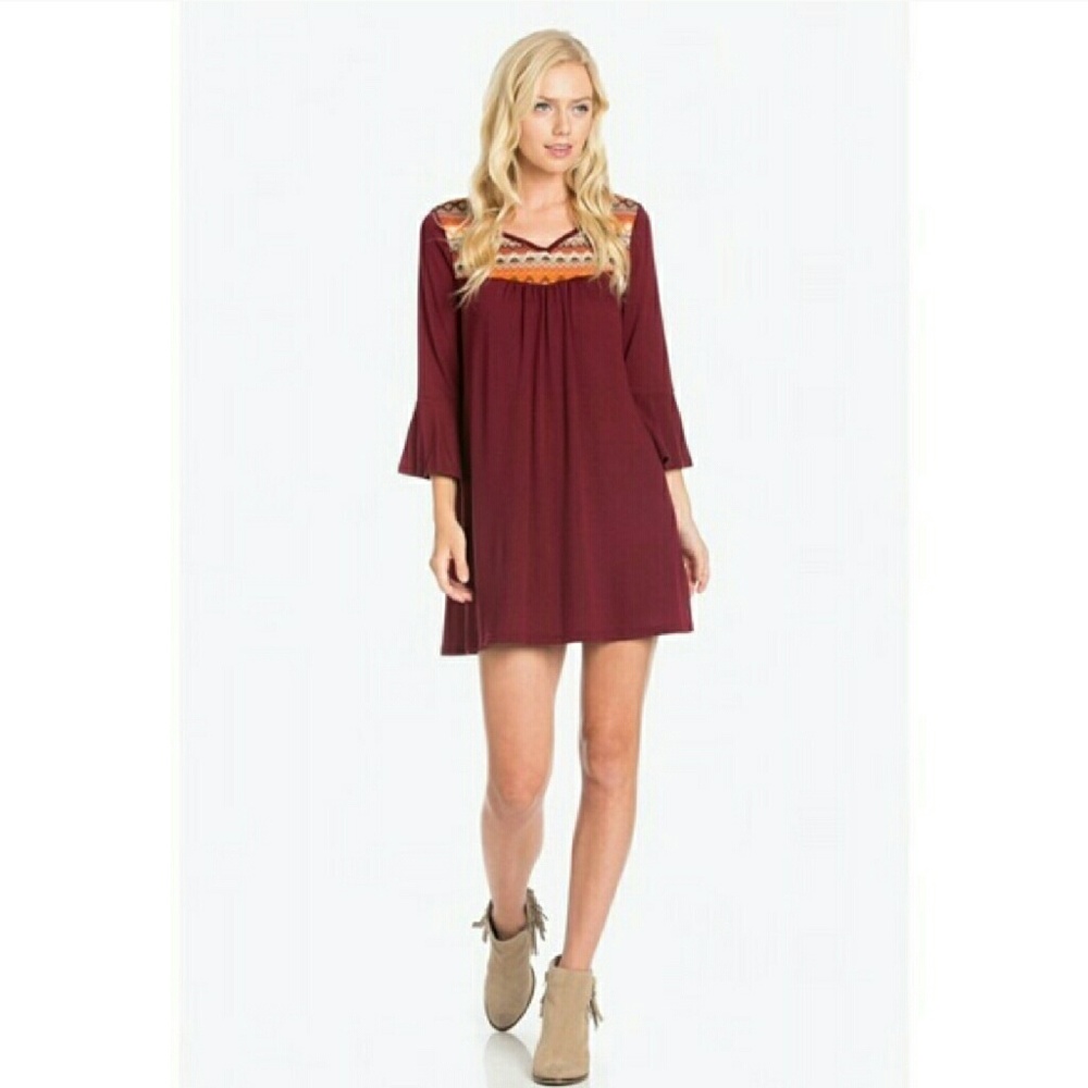 Boutique * Burgundy Bell Sleeve Dress