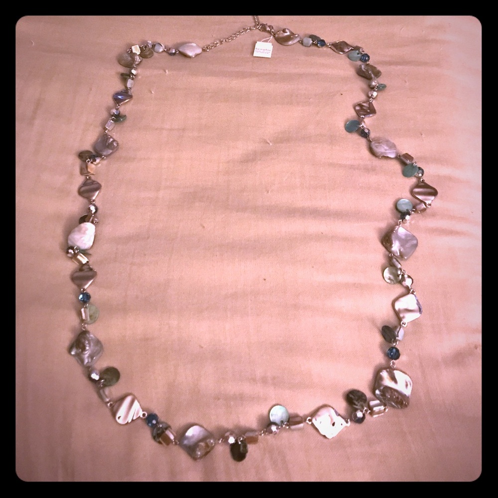 Lia Sophia necklace, aqua/silver stones, 42"+