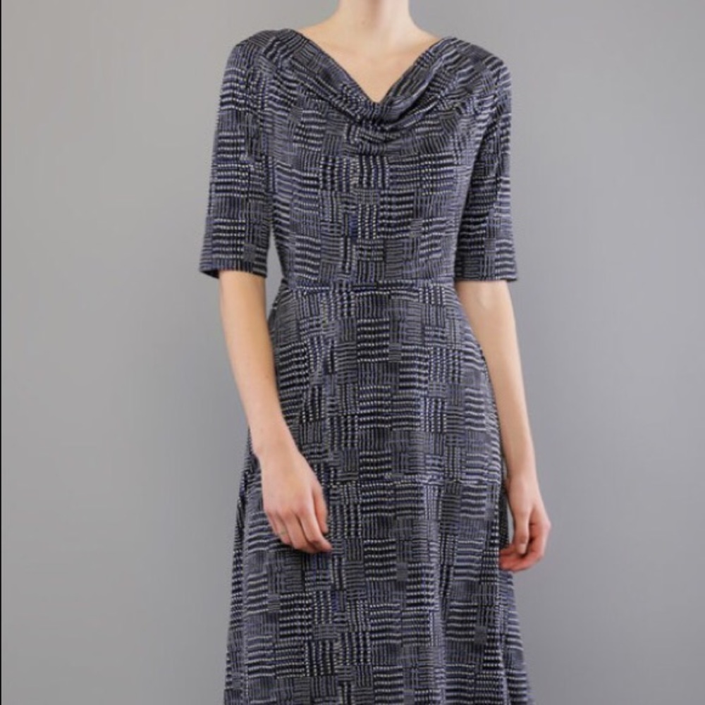 Black blue glen plaid drape neck dress