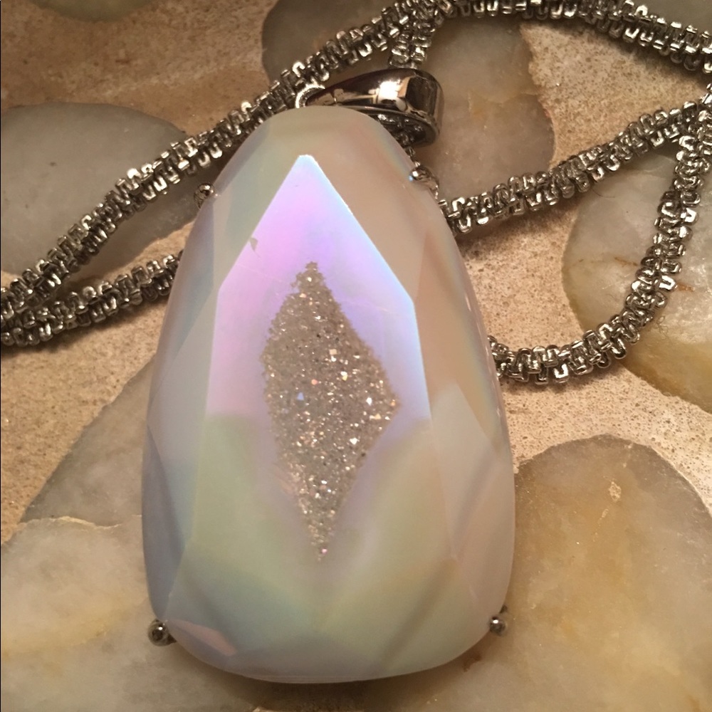 Iridescent Grey Agate Long Necklace in silver