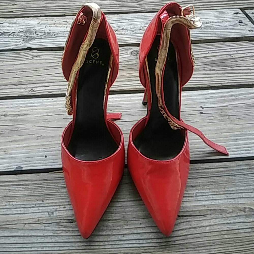 Red leather gold snake heels