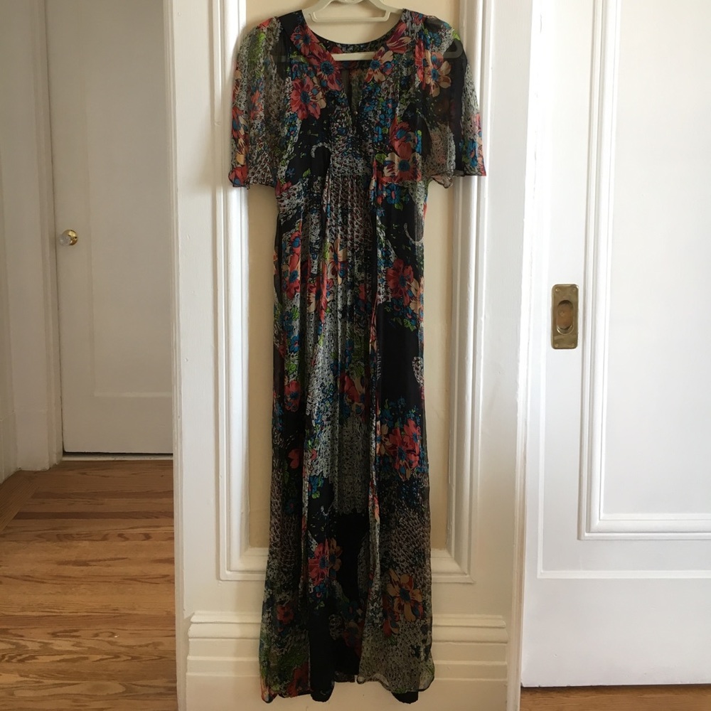Striking silk, floral maxi dress for evening & day