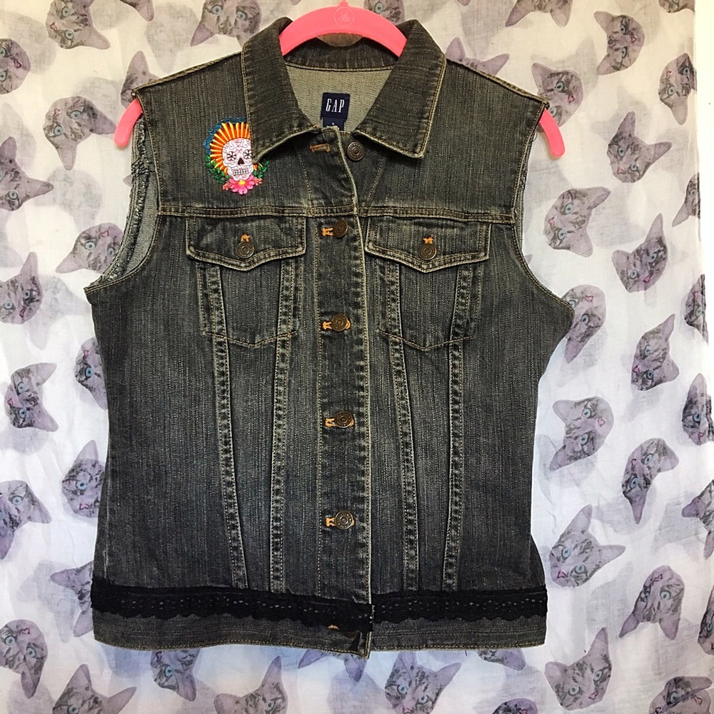 💀Gap💀 Vest w/Sugar Skull/calavera Patch - Picture 2 of 6