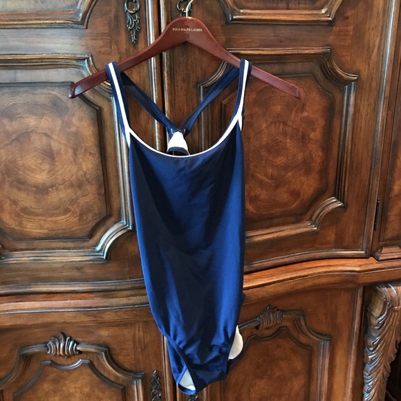 Navy one-piece bathing suit w/white detail - Picture 1 of 2
