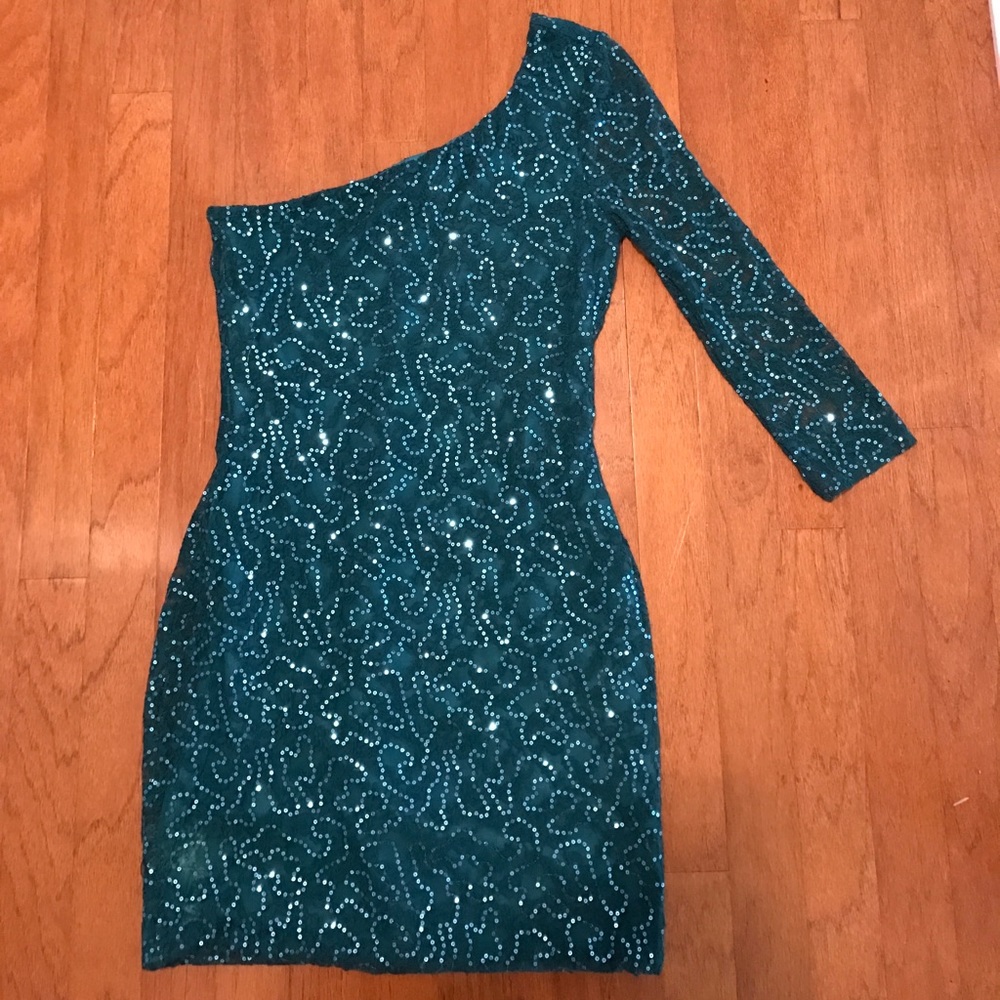 Sequined, turquoise, one-shoulder formal dress.