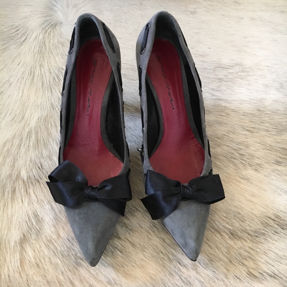 Italian made grey suede heels with black bows