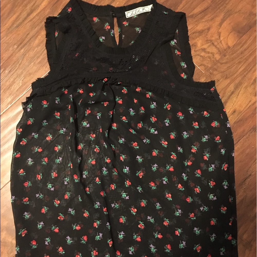 Chloe K sheer tank top with lace detail