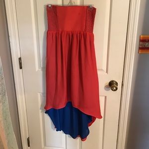 Strapless pink and blue hi-low dress