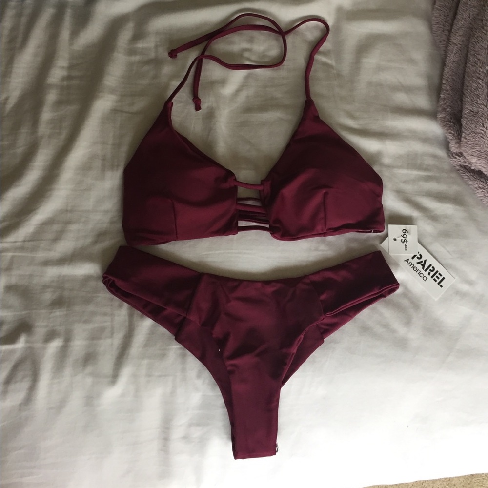 Maroon bikini top and bottom