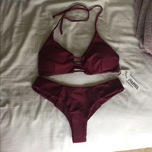 Maroon bikini top and bottom